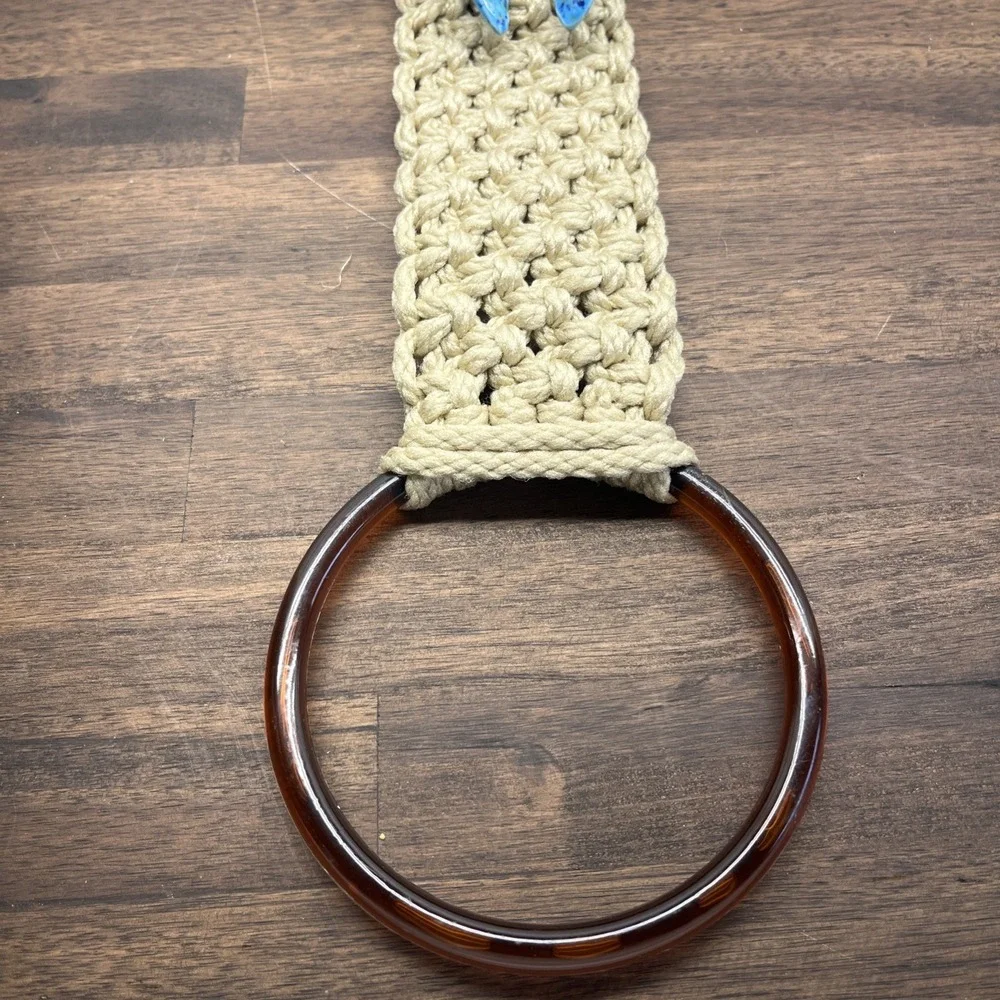 Vintage Handmade Towel Holder Macrame, 70's Blue Butterfly Hippie Door Hanger